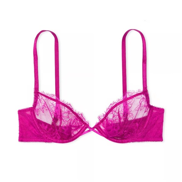 New! Victorias Secret Rose Lace Unlined Low-Cut Demi Bra fuchsia 20105 - Picture 1 of 9